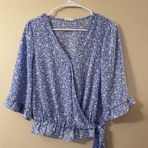 Sienna Sky Blue and White Floral Wrap Blouse